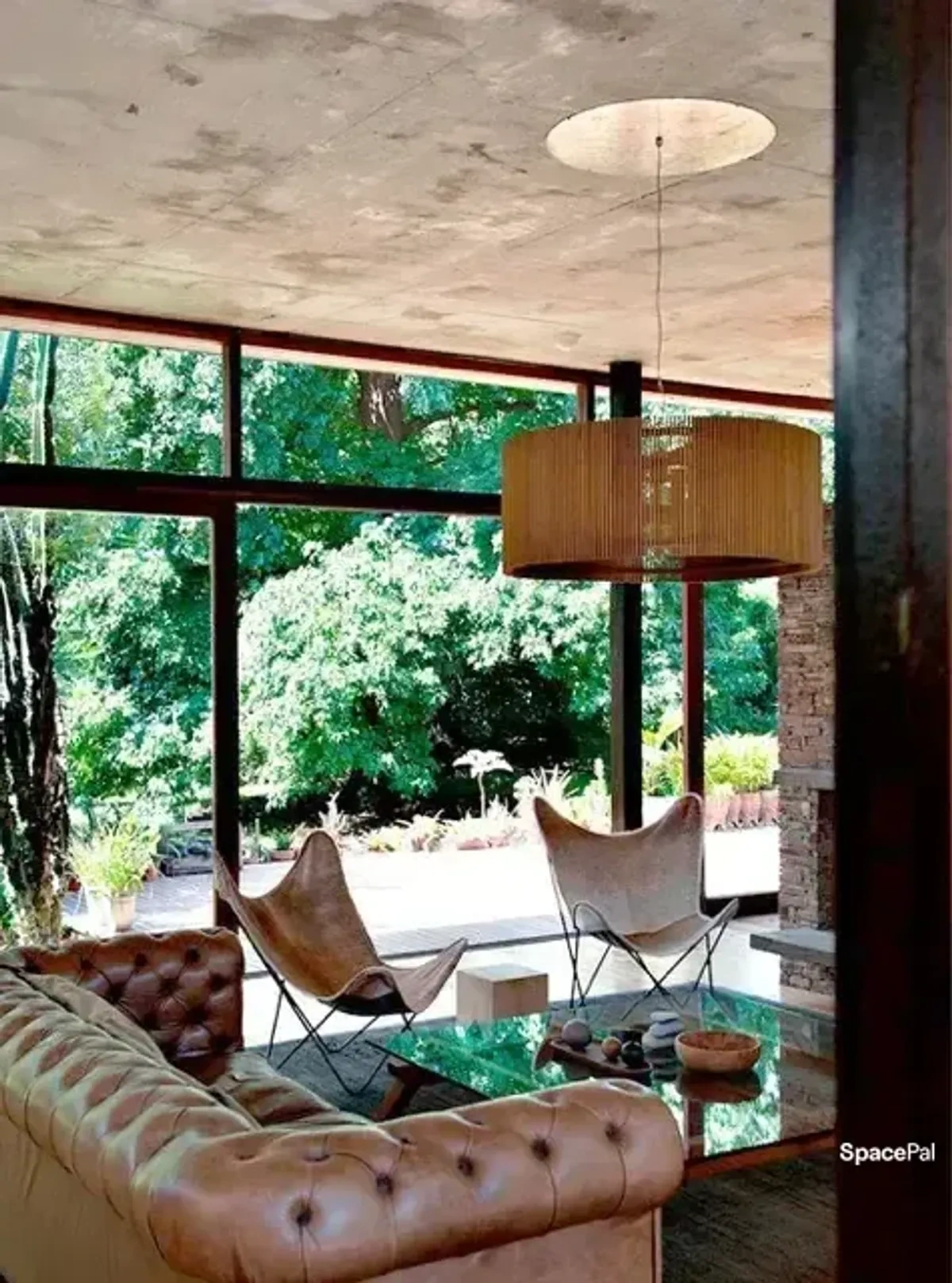 Living con sillones de cuero y ventanal al parque